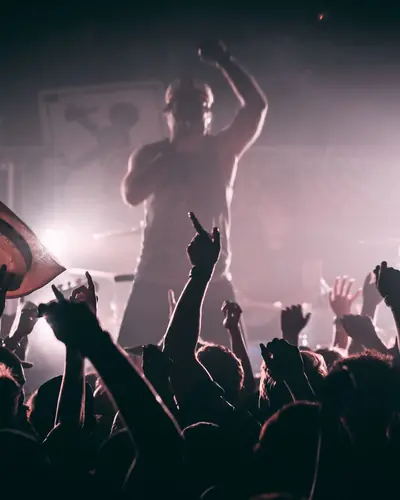 Performer raising a fist above a packed crowd
